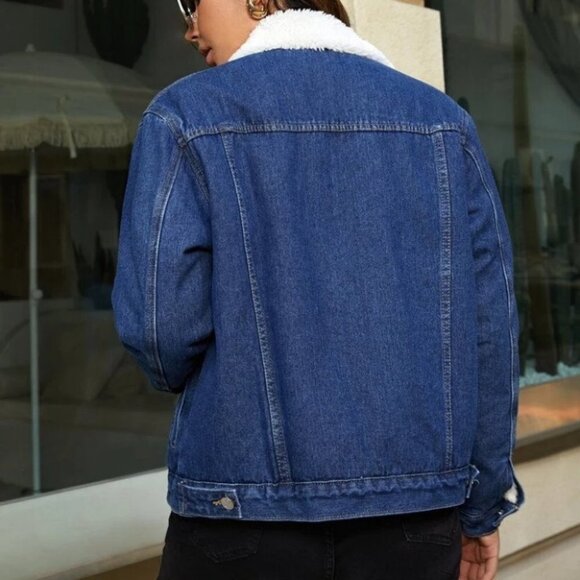 boho Teddy Lined Button Front Blue Denim Jacket - Picture 7 of 7